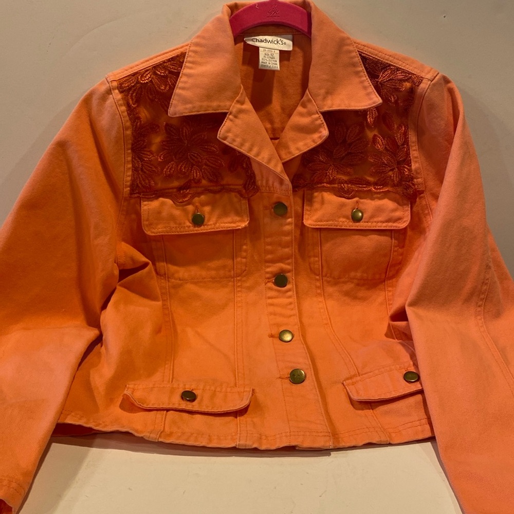 Chadwicks peach jean jacket size 12 upcycled added flower lace on lapel and back